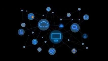 Animated network of glowing icons show cloud, computer, mobile, search on transparent background. Represents internet, global connection, cloud computing, digital communication and online services. - Powered by Adobe