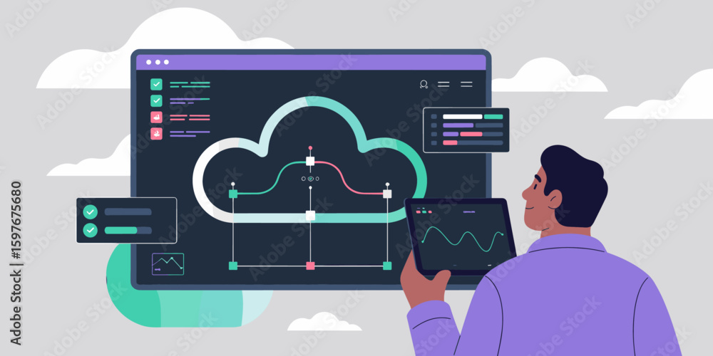 Poster data analyst monitoring cloud performance on a dashboard vector illustration, cloud analytics, perfo