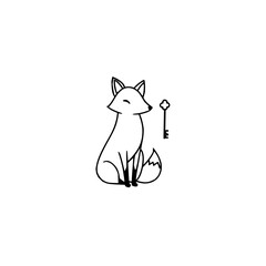 A minimalist drawing of a seated fox next to a key with a clover shaped head in black and white style