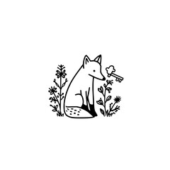 A fox sitting among plants looking at a key with a cloud shaped head in a black and white illustration