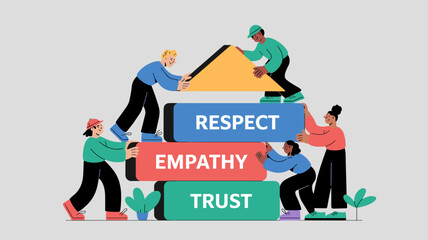 diverse team of colleagues building with blocks of trust, empathy, and respect, vector illustration for an inclusive culture, foundational teamwork, and psychological safety