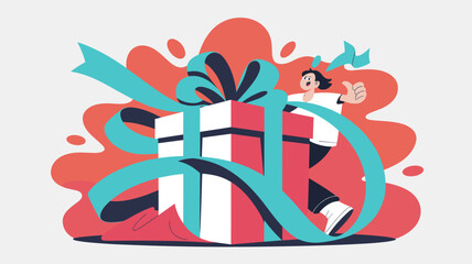 happy customer with gift box giving thumbs up vector illustration, loyalty program bonus, special offer and big win reward