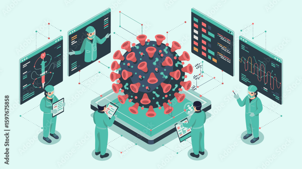 Poster team of scientists analyzing a large virus model with data screens isometric vector illustration, vi