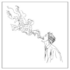 Illustration of a man with a mustache exhaling smoke in a stylized manner on a white background