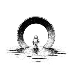 Astronaut standing in water looking at a circular tunnel filled with stars in black and white ink style