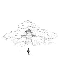 A lone figure approaches a temple atop a mountain amidst clouds in a black and white sketch landscape