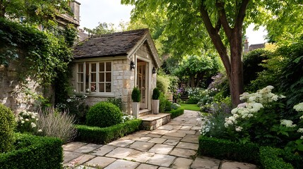 Beautiful garden with stone tiled path leading to garden room office .