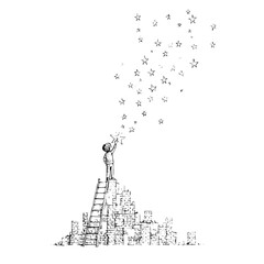 Obraz premium A boy on a ladder reaching for stars above a city made of blocks in a black and white sketch style