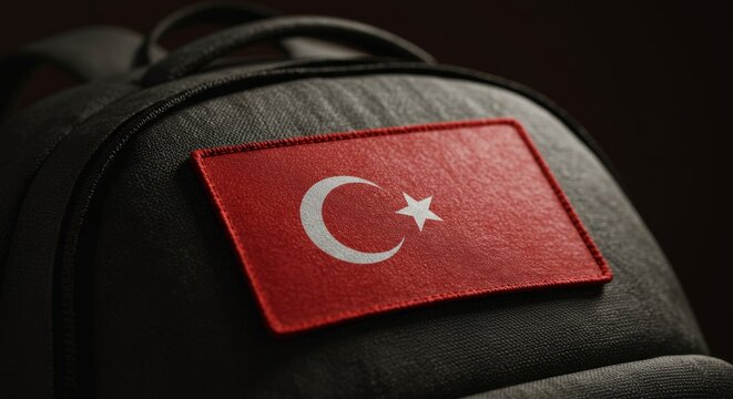 Detailed view of the Turkey flag patch emblem attached to a textured backpack