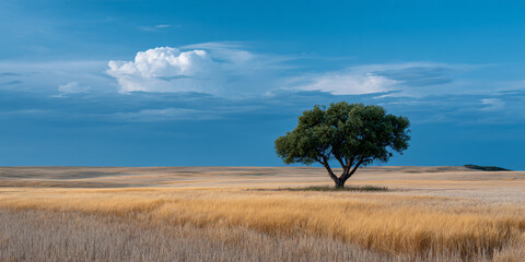 Golden Wheat Field Lone Tree Serene Afternoon Rural Landscape Countryside Scenery Peaceful Meadow Nature's Beauty Warm Sunlight Tranquil Scene Open Plains Harvest Time
