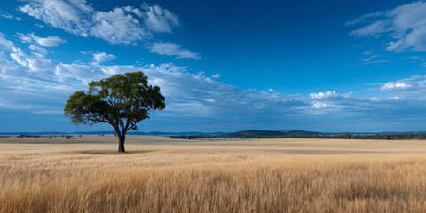 Golden Wheat Field: Solitary Tree Silhouette, Serene Countryside Landscape, Peaceful Afternoon Scenery, Rural Beauty, Nature's Tranquility, Agricultural Vista
