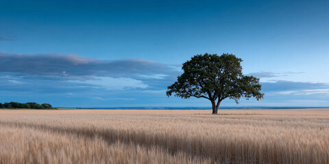 Golden Wheat Field Panorama: Solitary Tree, Soft Afternoon Light, Expansive Landscape, Serene Nature, Peaceful Countryside, Rural Beauty, Agricultural Scene

