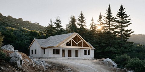 Wooden House Frame: Construction Site View, Timber Beam Structure, Home Building Progress, Unfinished Residence, Woodworking Project, House Framework Detail
