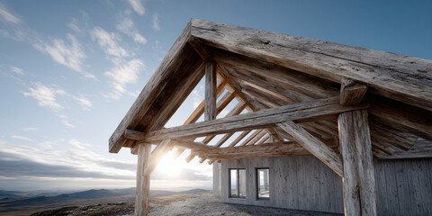 Wooden House Under Construction Beams Exposed Framing Carpentry Building Process Home Creation Architecture Project Residential Development New Construction Site Woodwork Craftsmanship
