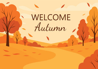 Welcome, autumn! Vector design of an autumn path through a forest of orange and yellow trees. Space for text makes the design ideal for banners, flyers, greetings, advertising and seasonal promotions