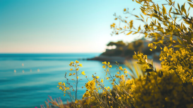 Idyllic seaside view featuring flowering plants against the backdrop of ocean and coastal landscape.