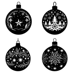 Fototapeta premium Four christmas ornaments with star, flower, tree and snowflake designs in black and white color scheme