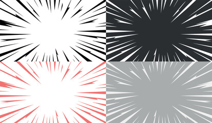 Comic Burst Line Background Set. Colorful Speed Line Explosions for Manga and Pop Art Effects. Vector illustration isolated on different backgrounds.