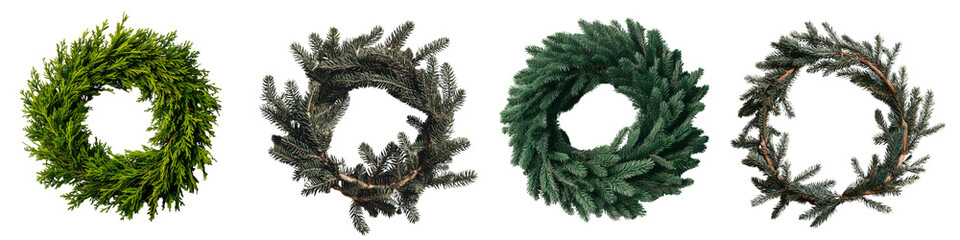 Collection of undecorated artificial fir wreaths isolated on white or transparent background