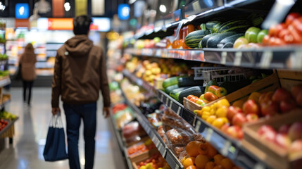 Fototapeta premium Shopping for fresh produce in a market with aisles full of fruits and vegetables. Healthy eating.