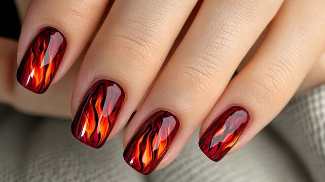 Close-up of manicured nails with a fiery flame design
