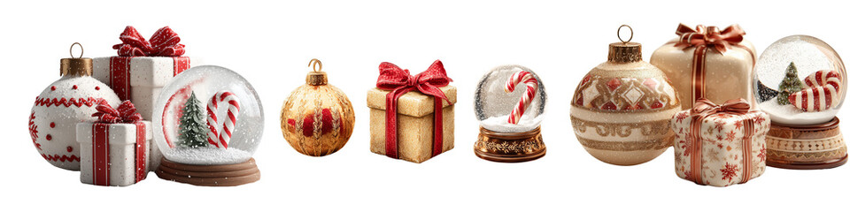 Collection of festive holiday items: Christmas ornament, wrapped gift box, candy cane, and snow globe, isolated on white ỏ transparent background