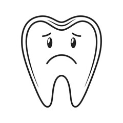 Sad molar tooth with frown face expression, dental pain icon outline vector illustration