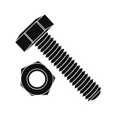 Bold black screw and nut icon in angular mechanical silhouette design vector illustration