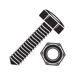 Screw and hex nut icon with angled head and threaded shaft in black style vector illustration
