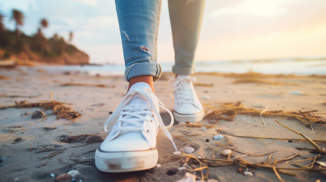 Person walking on sandy beach, close-up of shoes and legs, vibrant colors, relaxed vibe, and warm sunlight - Powered by Adobe