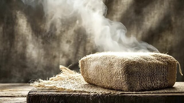 Steaming burlap package on rustic wooden surface