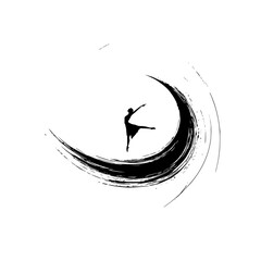 Silhouette of a ballerina in a graceful pose inside a black brush stroke crescent shape design element © Dream