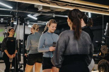 Women in active wear, interacting during a fitness session at a gym with exercise equipment,...