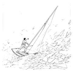 A sketch of a man standing on a sailboat amidst shattered glass with arm extended pointing forward afar