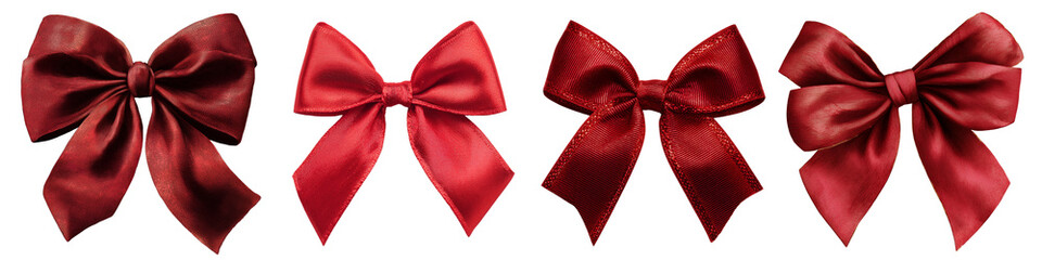 Collection of cloth red bows isolated on white or transparent background