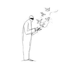 Minimalist sketch of a person in traditional clothing releasing birds into the air with outstretched hands