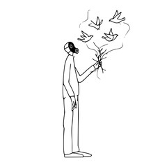 A figure in a gas mask holding branches from which birds are flying away in a black and white drawing