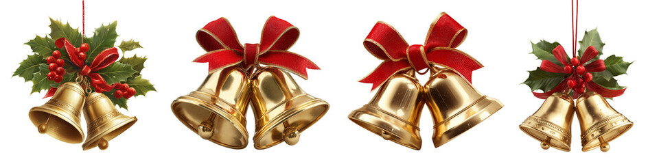 Collection of two gold Christmas bells tied together with a red ribbon festive ornament design on a clean white or transparent background