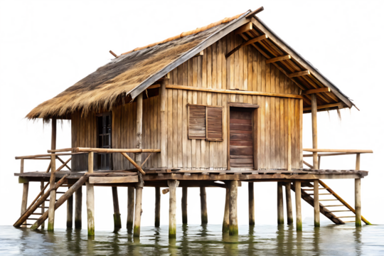 an old hut on stilts isolated on white background PNG.AI Generated.