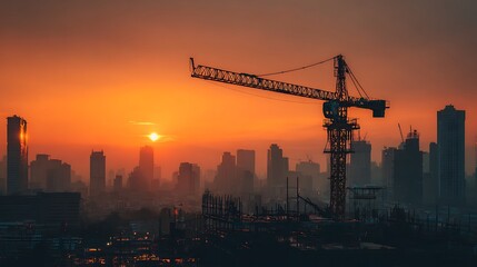 Obraz premium Construction site with crane building modern skyscraper at sunset .