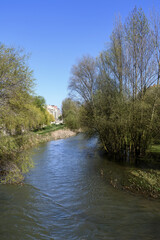 Arlazon River flowing through trees and city buildings in Burgos
