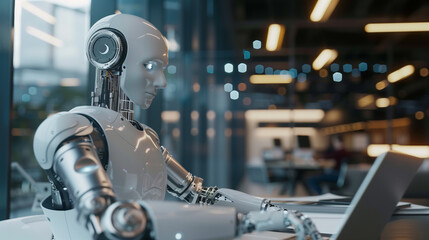 AI agent and intelligent automation IA technology. Business process automation BPA system. Businessman using laptop computer to give instructions to AI at desk in office.