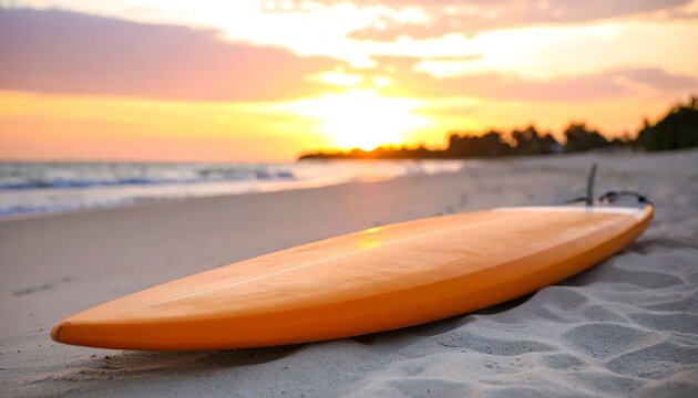 Orange surfboard on sandy beach at sunset