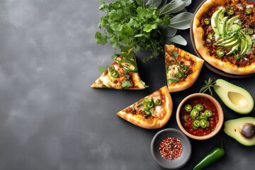 A vibrant pizza topped with avocado and jalapenos, surrounded by fresh herbs, chili flakes, and sliced avocado