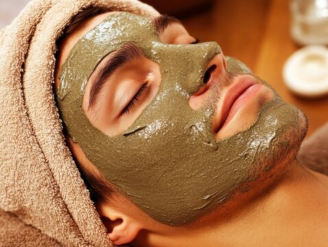 Photo of a man with a clay mask on his face, relaxing with a towel wrapped around his head