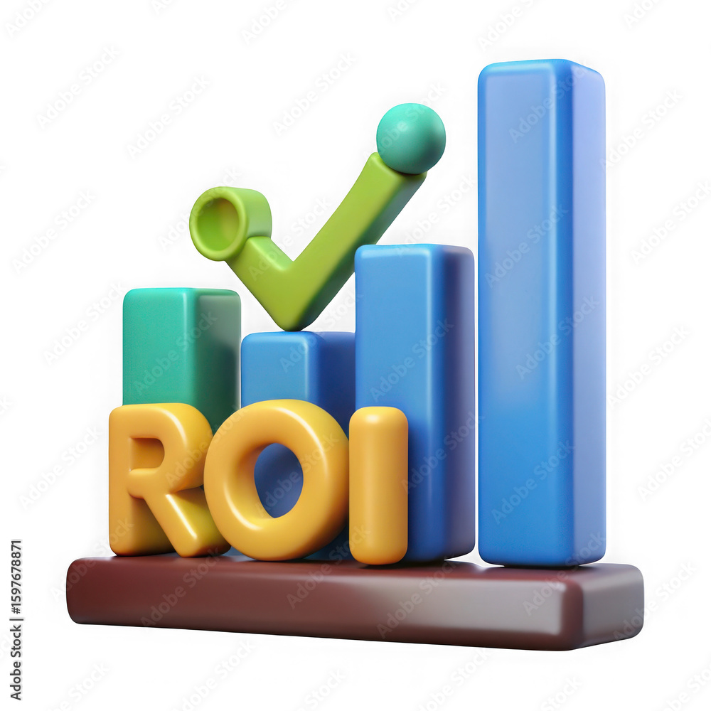 Poster 3d roi text with growing bar chart and checkmark isolated on transparent background