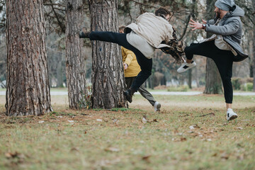 A group of friends enjoying a lively and dynamic moment outdoors, showcasing camaraderie and...
