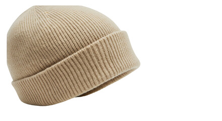 Beige ribbed beanie against a black background.