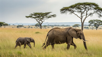Naklejka premium mother-elephant-and-calf-walking-through-savannah-