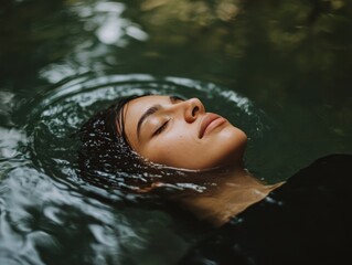 Fototapeta premium Photo of a person peacefully floating in a hot spring, relaxing and reflecting
